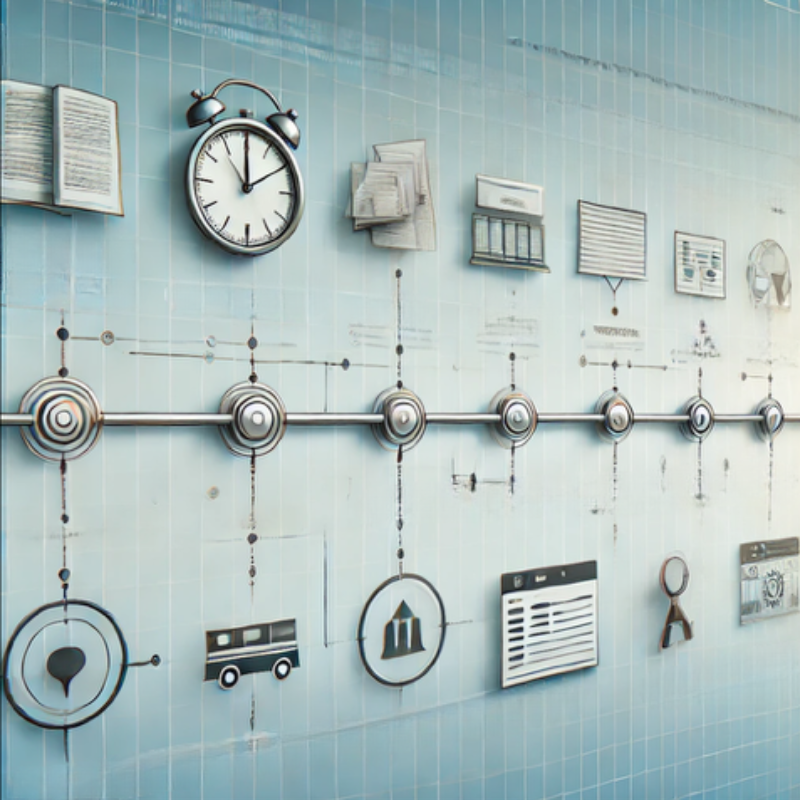 A visually engaging timeline illustration featuring key project milestones represented by icons such as a clock, documents, a calendar, and various tools. The timeline is sleek and modern, set against a light blue grid background that emphasizes organization and structure. Each milestone is connected, symbolizing progress and sequential planning. Ideal for content related to project scheduling, task management, or strategic planning.