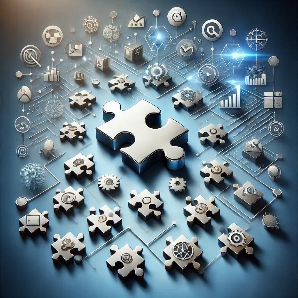 A graphic featuring interconnected puzzle pieces forming a cohesive system, with icons representing popular business tools. The background uses a gradient of blue and silver, symbolizing seamless integration and technological advancement.