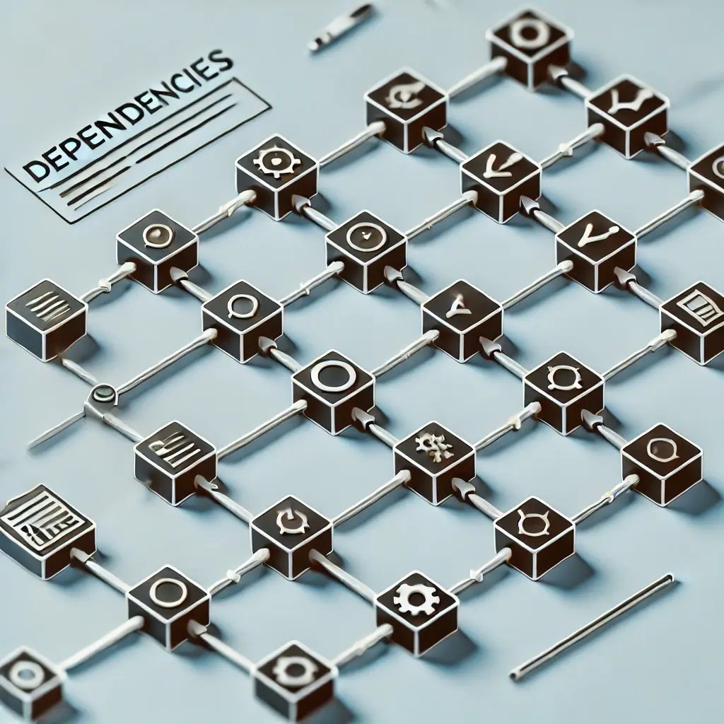 A detailed visual representation of project dependencies, featuring interconnected nodes and lines forming a structured grid. Each node is depicted as a small cube with icons representing tasks and milestones, emphasizing organization and workflow. The clean design with muted tones conveys precision, planning, and clarity, ideal for illustrating concepts related to project management and task interdependencies.