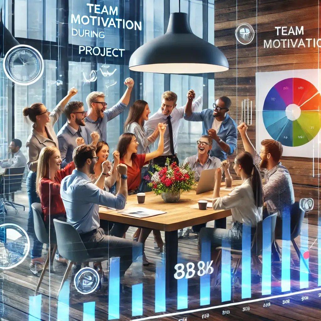A vibrant image showing a diverse group of team members celebrating a project milestone around a table, with a progress chart in the background, symbolizing inclusivity, collaboration, and motivation in a modern office setting.