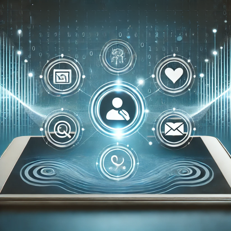 A futuristic image of a smartphone displaying a glowing interface with interconnected icons, including a person, heart, magnifying glass, email, and recycling symbol. The background features binary code and dynamic waveforms, symbolizing digital connectivity, communication, and innovation. The design emphasizes technology, user engagement, and modern solutions, making it ideal for themes related to apps, customer interaction, or digital transformation.