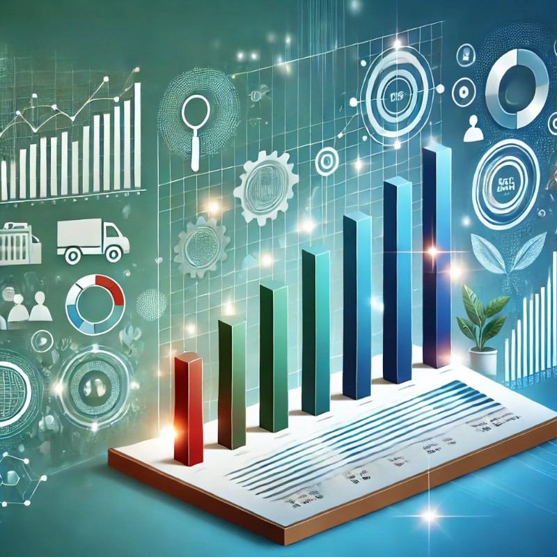 A vibrant and modern image of a 3D bar chart with colorful columns rising, surrounded by digital icons such as gears, magnifying glass, and pie charts. The background features additional graphs, plant leaves, and logistics icons, symbolizing data analysis, sustainability, and operational growth. This design highlights themes of progress, business intelligence, and strategic planning, ideal for topics on analytics or performance tracking.