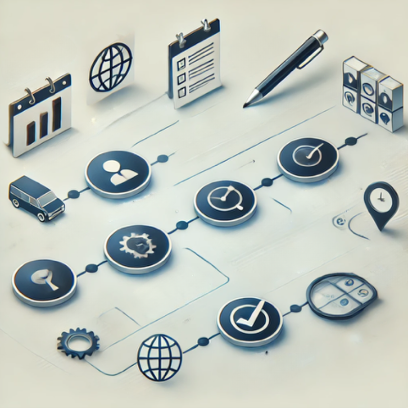 A streamlined process map featuring interconnected circular icons representing tasks, milestones, and progress indicators. Surrounding elements include a calendar, checklist, pen, globe, and vehicle, symbolizing planning, logistics, and execution. The clean layout and minimalistic design emphasize organization and workflow, ideal for showcasing project management processes or operational strategies.
