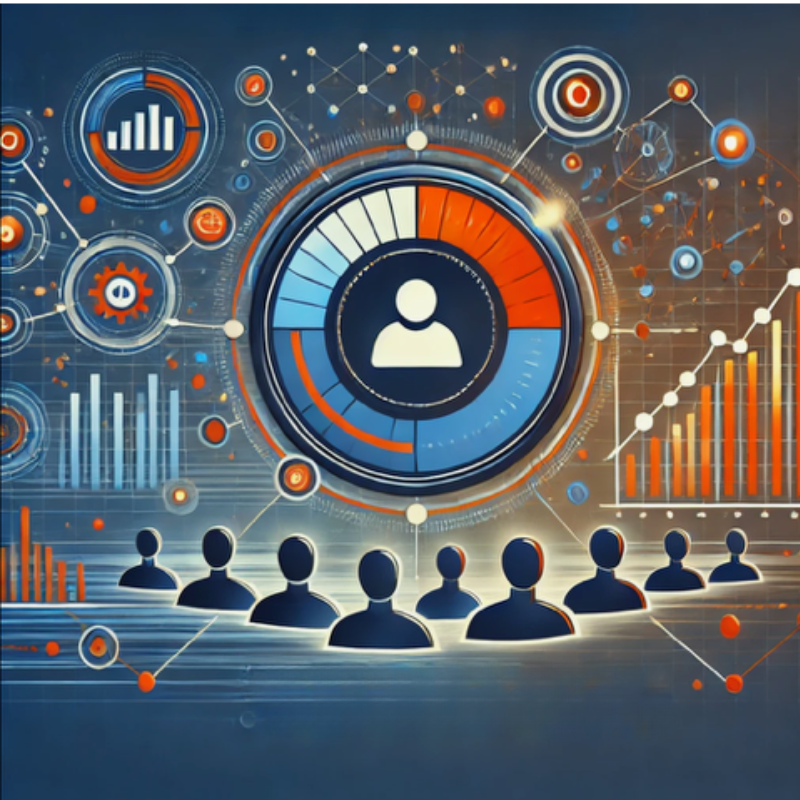 A futuristic and dynamic image showcasing a central circular infographic with a user icon, surrounded by data-driven elements such as bar graphs, line charts, and gears. The background features interconnected nodes and a grid design, symbolizing analytics, teamwork, and technology. Below the infographic, silhouettes of people represent collaboration and engagement. The design highlights themes of leadership, performance metrics, and innovation.