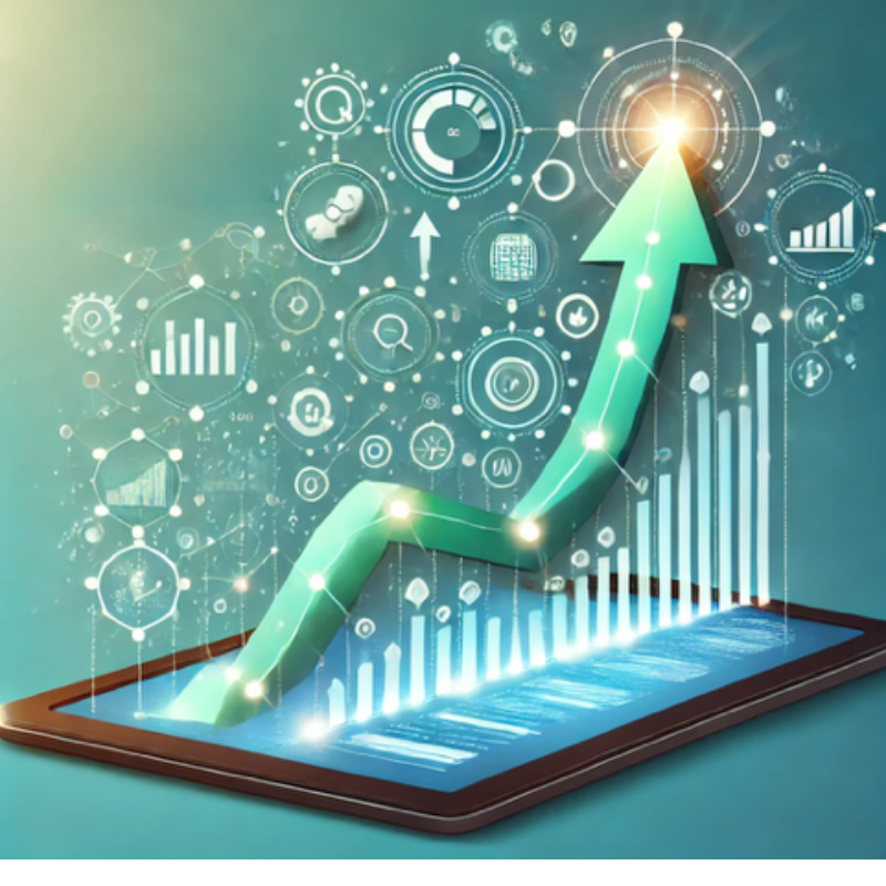 A futuristic illustration of a tablet projecting a glowing upward arrow, symbolizing growth and success. Surrounding the arrow are interconnected icons, including graphs, analytics, and technology symbols, representing innovation and data-driven progress. The background features a clean design with bright accents, emphasizing digital transformation, strategic planning, and business achievement. Perfect for themes related to technology, growth, and success metrics.