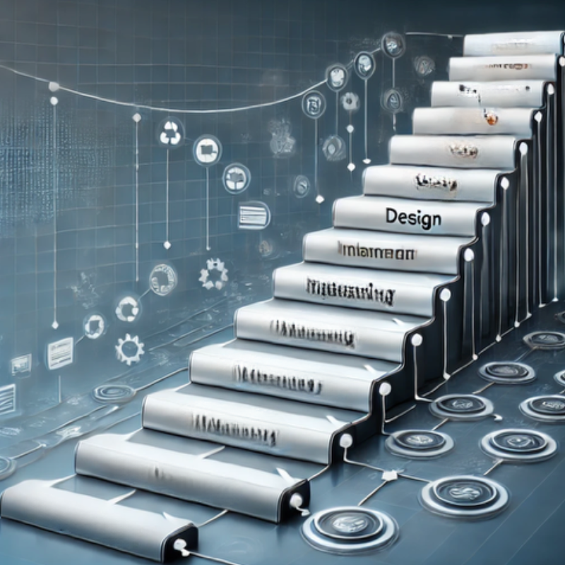 A futuristic staircase design made of rolled-up blueprints, with each step labeled for different project phases such as