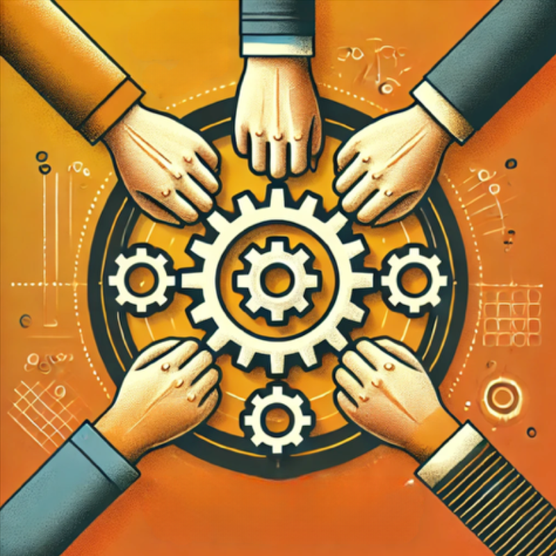 An engaging illustration of five hands coming together to operate interconnected gears, symbolizing teamwork, collaboration, and problem-solving. The vibrant orange background enhances the theme of energy and innovation, while subtle technical drawings and patterns emphasize structure and planning. Ideal for conveying concepts related to team synergy, project management, and operational efficiency.