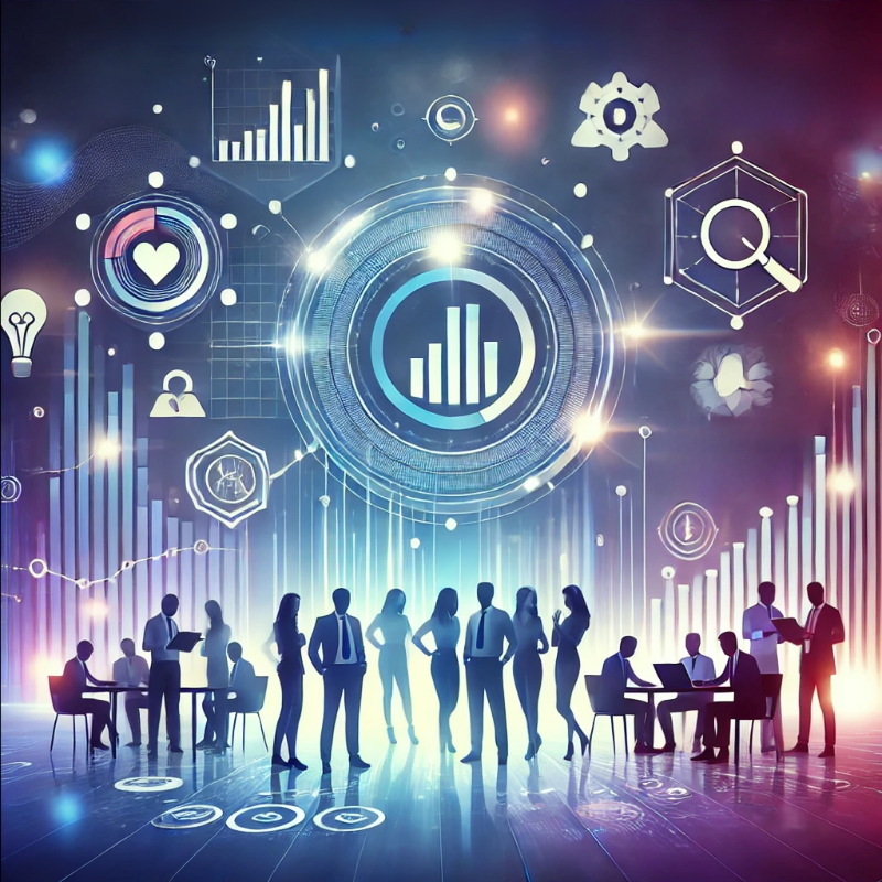 A visually dynamic image of professionals collaborating in a modern business environment. The backdrop features glowing data visualizations, including bar graphs, charts, and icons representing innovation, analytics, and communication. This futuristic design highlights teamwork, strategy, and data-driven decision-making, ideal for showcasing a forward-thinking approach to business or project management.