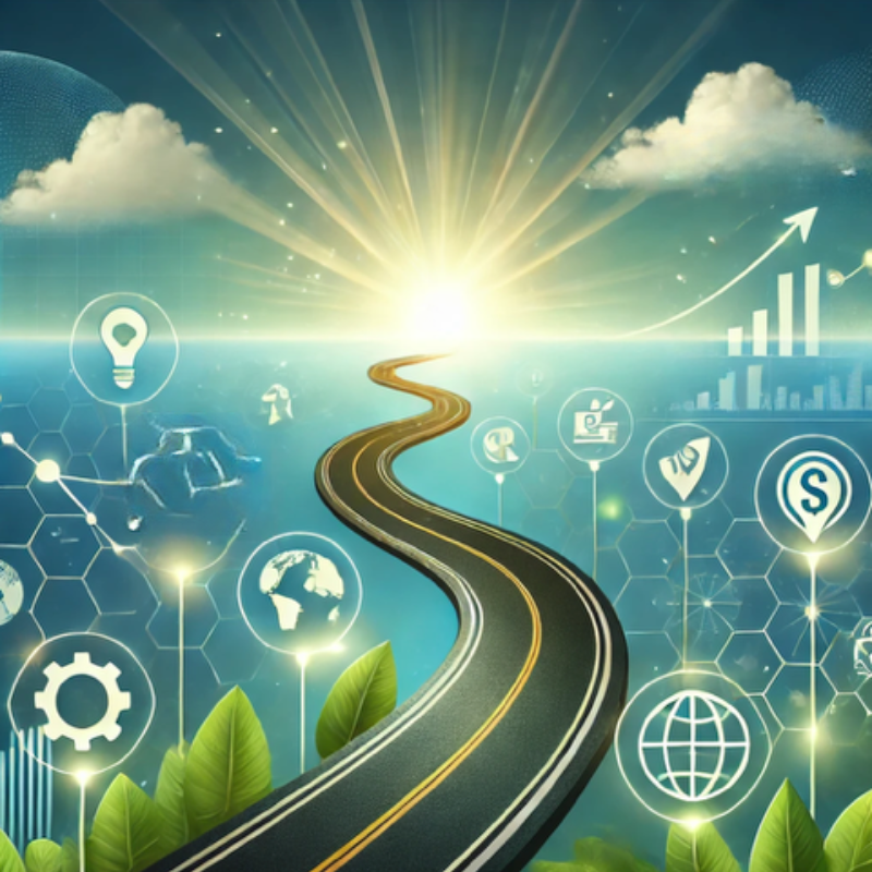 A vibrant illustration of a winding road leading toward a glowing horizon, symbolizing a journey toward success and new opportunities. Surrounding the road are icons representing innovation, sustainability, global connectivity, and financial growth, set against a backdrop of lush greenery and a bright sky. The design conveys themes of strategic planning, progress, and visionary goals, ideal for content related to business growth, sustainability, or future planning.