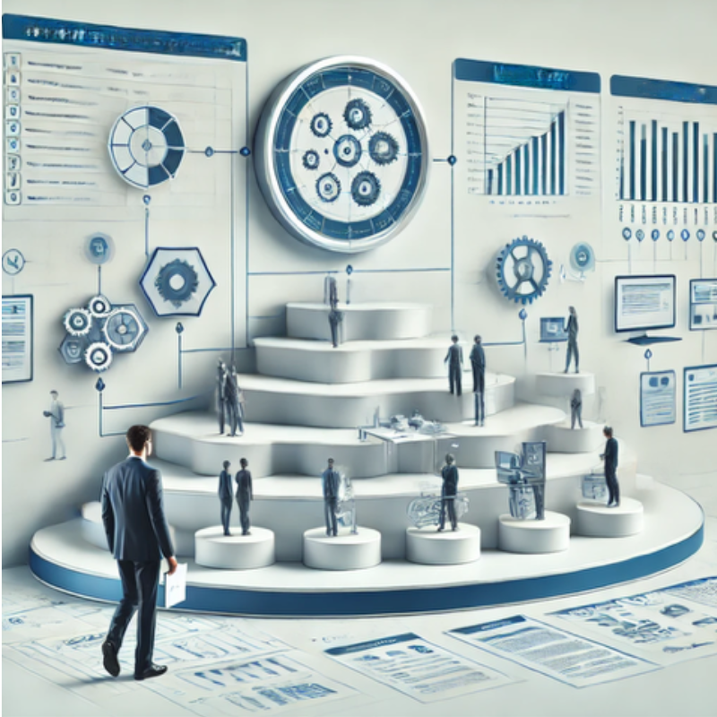 A detailed and futuristic illustration of a tiered platform showcasing business professionals engaged in various activities, surrounded by charts, gears, and data visualizations. The background features analytics dashboards, graphs, and interconnected elements representing strategy, innovation, and teamwork. This design emphasizes organizational hierarchy, data-driven decision-making, and collaborative processes, making it ideal for content related to project management, business planning, or corporate structure.