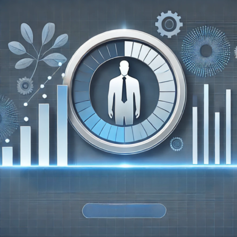 A sleek and modern design featuring a central circular icon of a professional figure, surrounded by bar graphs, gears, and abstract patterns. The background includes subtle plant motifs, emphasizing growth and sustainability. This image represents analytics, leadership, and performance tracking, ideal for themes related to business development, strategy, and innovation.
