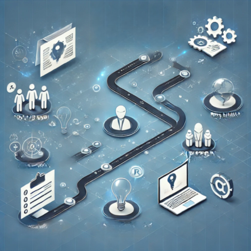 A detailed and futuristic process map featuring a winding path connecting key project elements, including icons for teams, ideas, tasks, and tools. The map integrates elements like lightbulbs, gears, documents, and a laptop, symbolizing innovation, collaboration, and progress. The sleek blue design emphasizes structure and connectivity, ideal for illustrating workflows, project planning, or strategic execution.