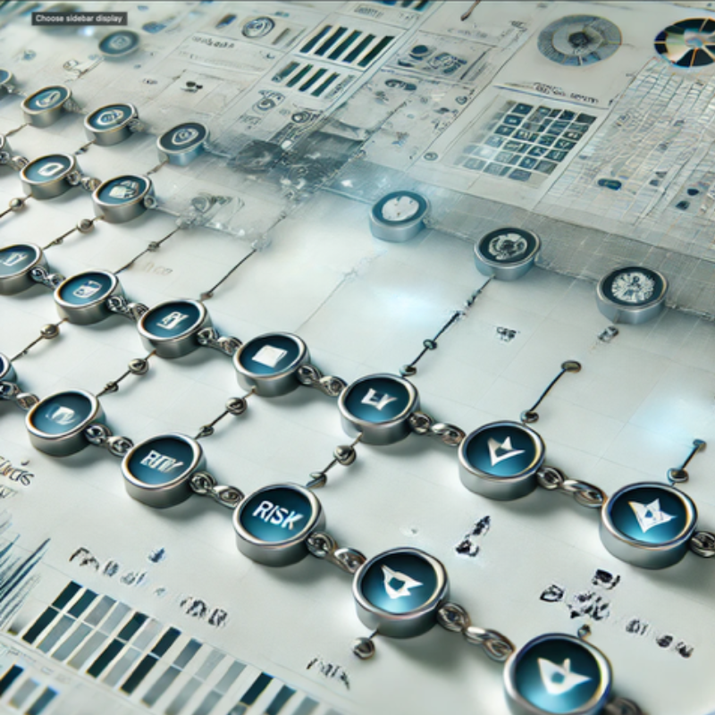 A futuristic and intricate illustration of interconnected circular nodes arranged in rows, each displaying icons for tasks, risk, and milestones. The background features digital dashboards, charts, and technical blueprints, symbolizing project planning and workflow management. The sleek design highlights themes of organization, risk assessment, and strategic execution, making it ideal for content related to project management, business operations, or technology integration.