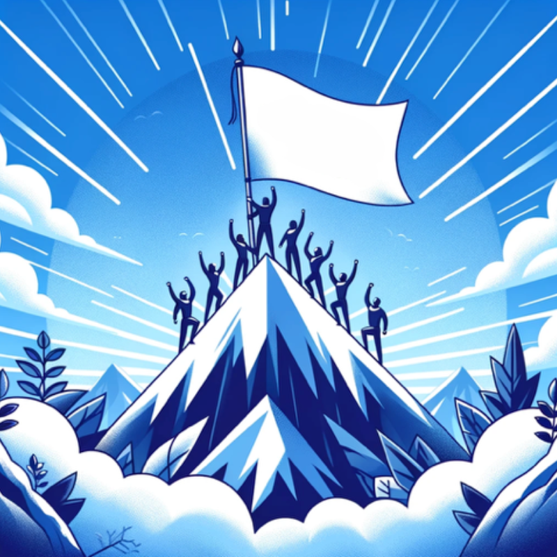A bold and inspiring illustration of a group of individuals celebrating at the summit of a snow-covered mountain, holding a flag that signifies achievement and teamwork. The radiant blue sky and beams of light emphasize a sense of accomplishment and unity. Surrounded by lush greenery and majestic peaks, the image symbolizes success, collaboration, and the triumph of reaching goals, perfect for motivational or leadership themes.