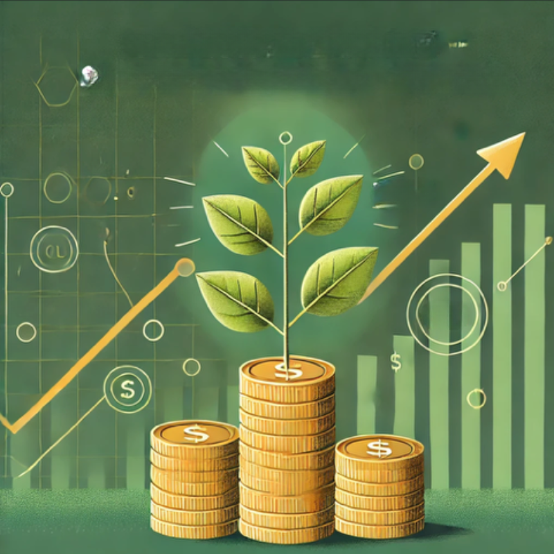 An impactful illustration of a growing plant emerging from stacks of golden coins, symbolizing financial growth and sustainability. The background features upward-trending graphs, icons of money, and a glowing green aura, representing progress and economic success. This image highlights themes of investment, eco-friendly growth, and profitability, ideal for content related to finance, business strategy, or sustainable development.