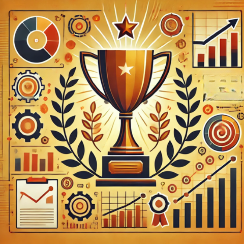 A vibrant illustration of a golden trophy surrounded by laurels, charts, and gears, symbolizing success, achievement, and growth. The background features upward-trending graphs, pie charts, and a star, emphasizing progress and excellence. This image conveys themes of goal accomplishment, business performance, and recognition, ideal for topics related to leadership, success stories, or motivational content.