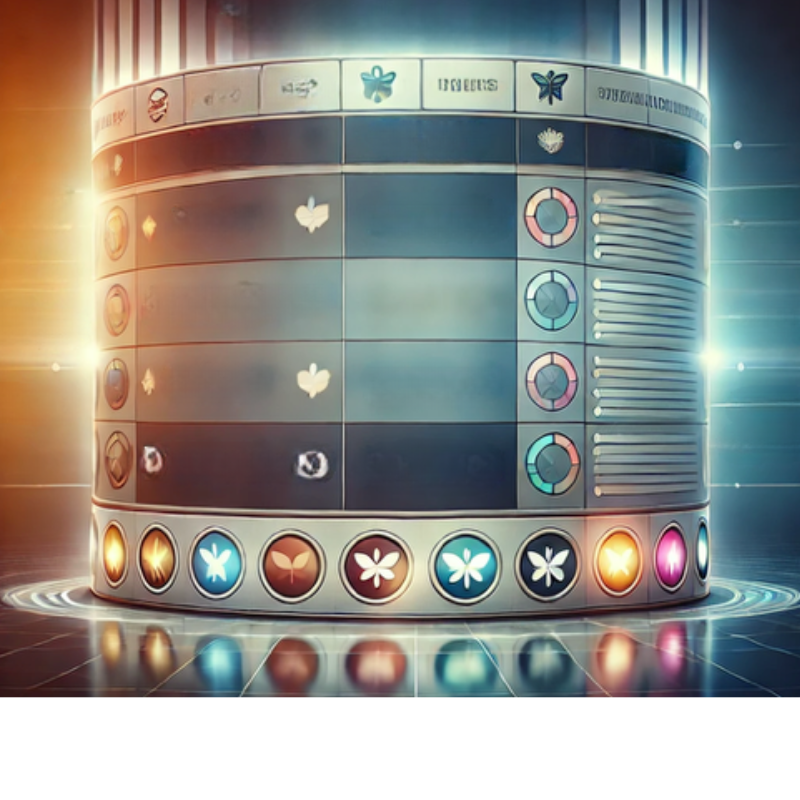 A futuristic data visualization featuring a cylindrical structure with rows and columns displaying various icons, charts, and progress indicators. The glowing elements and vibrant colors emphasize technology and analytics, while the sleek design conveys organization and modernity. Ideal for illustrating concepts related to data management, tracking systems, or innovative workflows.