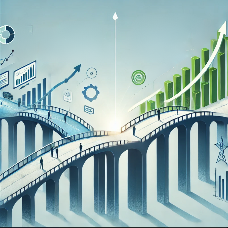 An illustrative image showing two curved bridges leading to a bright horizon, symbolizing growth and progress. The scene is surrounded by visual elements like bar graphs, upward arrows, gears, and charts, representing analytics, strategy, and efficiency. On the bridges, small figures symbolize collaboration and movement toward success, while green growth bars and environmental icons highlight sustainability. Ideal for conveying themes of innovation, teamwork, and strategic planning.