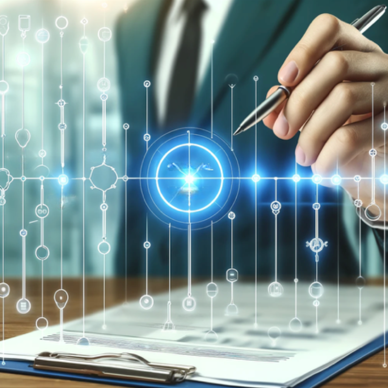A professional image featuring a hand holding a pen, pointing to a glowing digital interface with interconnected icons and lines. The foreground includes a clipboard with documents, symbolizing organization and strategic planning. The blue and white glowing elements highlight themes of technology, innovation, and precision, ideal for content related to project management, business strategy, or digital transformation.