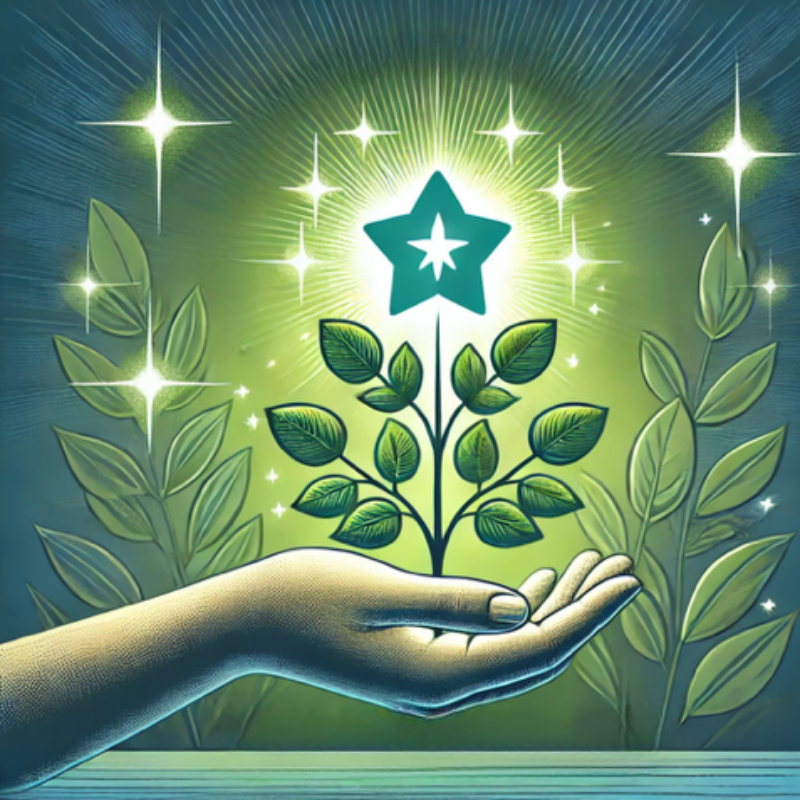 A serene and inspiring illustration of a hand gently cradling a plant with glowing leaves, topped by a radiant star. Surrounding the plant are sparkling lights and lush greenery, symbolizing growth, nurturing, and achievement. The vibrant green and blue tones evoke themes of sustainability, care, and personal or organizational growth, perfect for content related to innovation, environmental initiatives, or success stories.