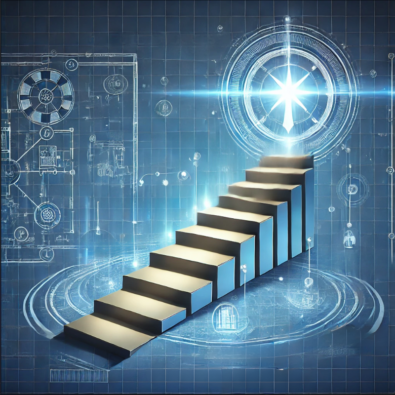 A futuristic image of a staircase leading toward a glowing starburst at the top, symbolizing progress and achievement. The background features technical blueprints, gears, and digital elements, representing innovation, strategic planning, and precision. The design conveys a journey of growth and reaching goals, ideal for showcasing themes of advancement, leadership, and success.