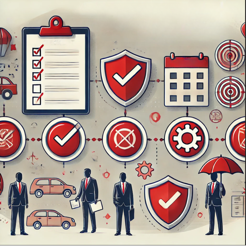A visually engaging image illustrating risk management and planning. The scene features icons such as a checklist, shields with checkmarks, gears, calendars, and targets, symbolizing protection, organization, and strategy. Below, business professionals in suits stand alongside cars, umbrellas, and safety symbols, representing preparedness and operational efficiency. The design highlights themes of security, compliance, and effective project execution.