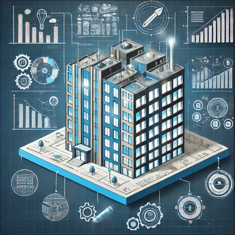 A detailed and futuristic illustration of a modern building surrounded by digital elements, including charts, gears, blueprints, and graphs. The background features data visualizations and technical icons, symbolizing innovation, construction, and strategic planning. The image conveys themes of urban development, technology integration, and business intelligence, ideal for showcasing project management or architecture-related topics.