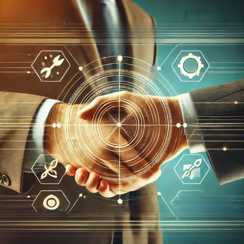 A professional image of two individuals shaking hands, symbolizing partnership and collaboration. Overlaid on the handshake are futuristic digital icons, including gears, leaves, and a rocket, representing innovation, growth, and teamwork. The background features a sleek design with glowing lines and technology-inspired elements, emphasizing progress, trust, and business success.