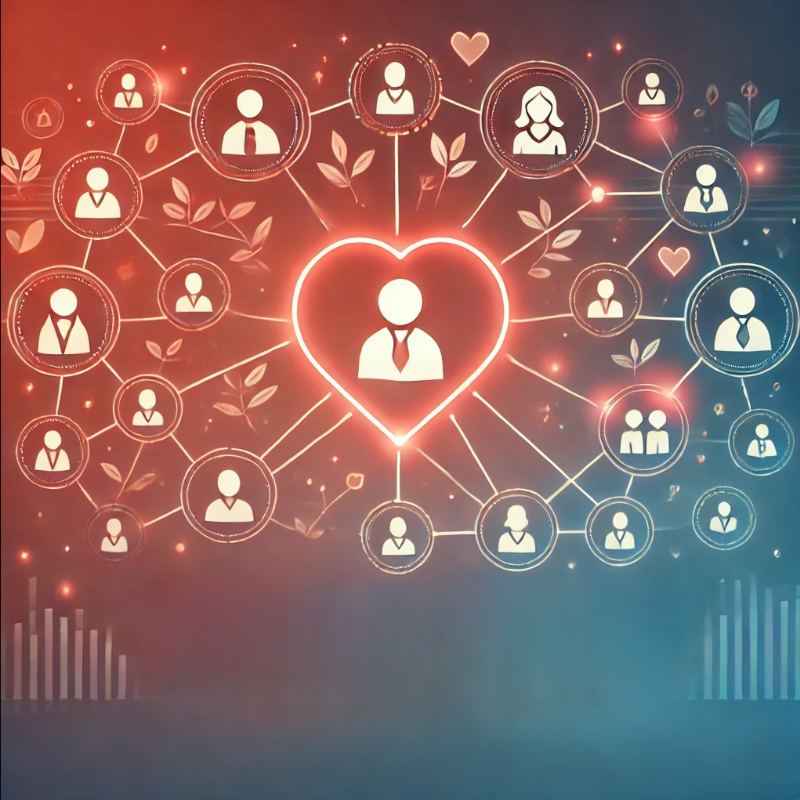 A visually striking image showcasing a glowing heart at the center of a network of connected icons representing people. The design symbolizes relationships, collaboration, and community, with additional elements like leaves and subtle graphs in the background, representing growth and data-driven connections. The warm red and blue tones emphasize trust, engagement, and care, making it ideal for topics related to teamwork, networking, or customer engagement.