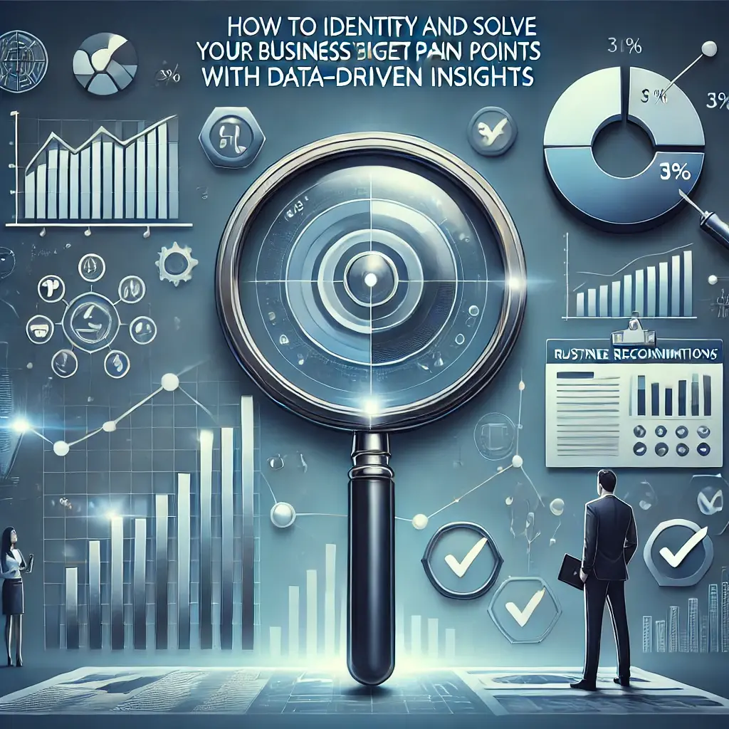 A professional graphic showcasing a magnifying glass analyzing data charts and actionable recommendations, with a backdrop of business analytics tools in sleek blue and gray tones, emphasizing problem-solving and data-driven insights.