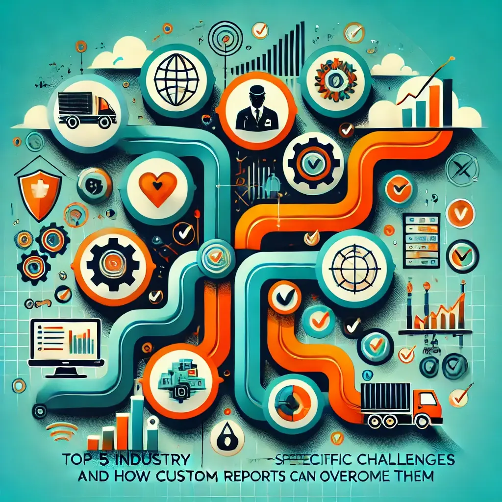 A visually dynamic graphic featuring interconnected industry icons for retail, healthcare, technology, manufacturing, and construction, linked by flowing data charts. Customizable report elements like graphs, pie charts, and checkmarks in bold teal and orange hues highlight actionable solutions.