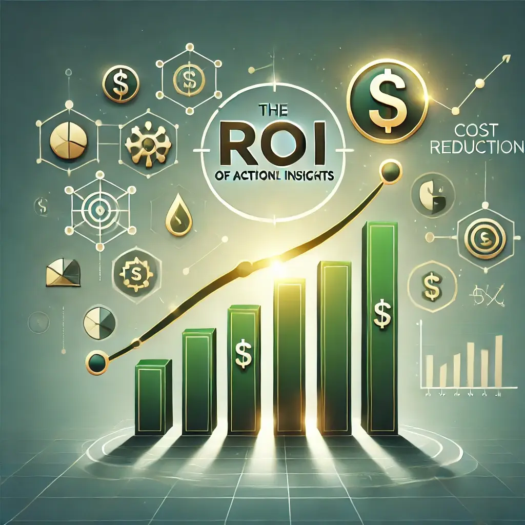 A professional graphic showing a rising ROI graph with dollar signs and data points, surrounded by icons for efficiency, cost reduction, and profitability. The green and gold color scheme emphasizes growth and success with a polished business-oriented aesthetic.