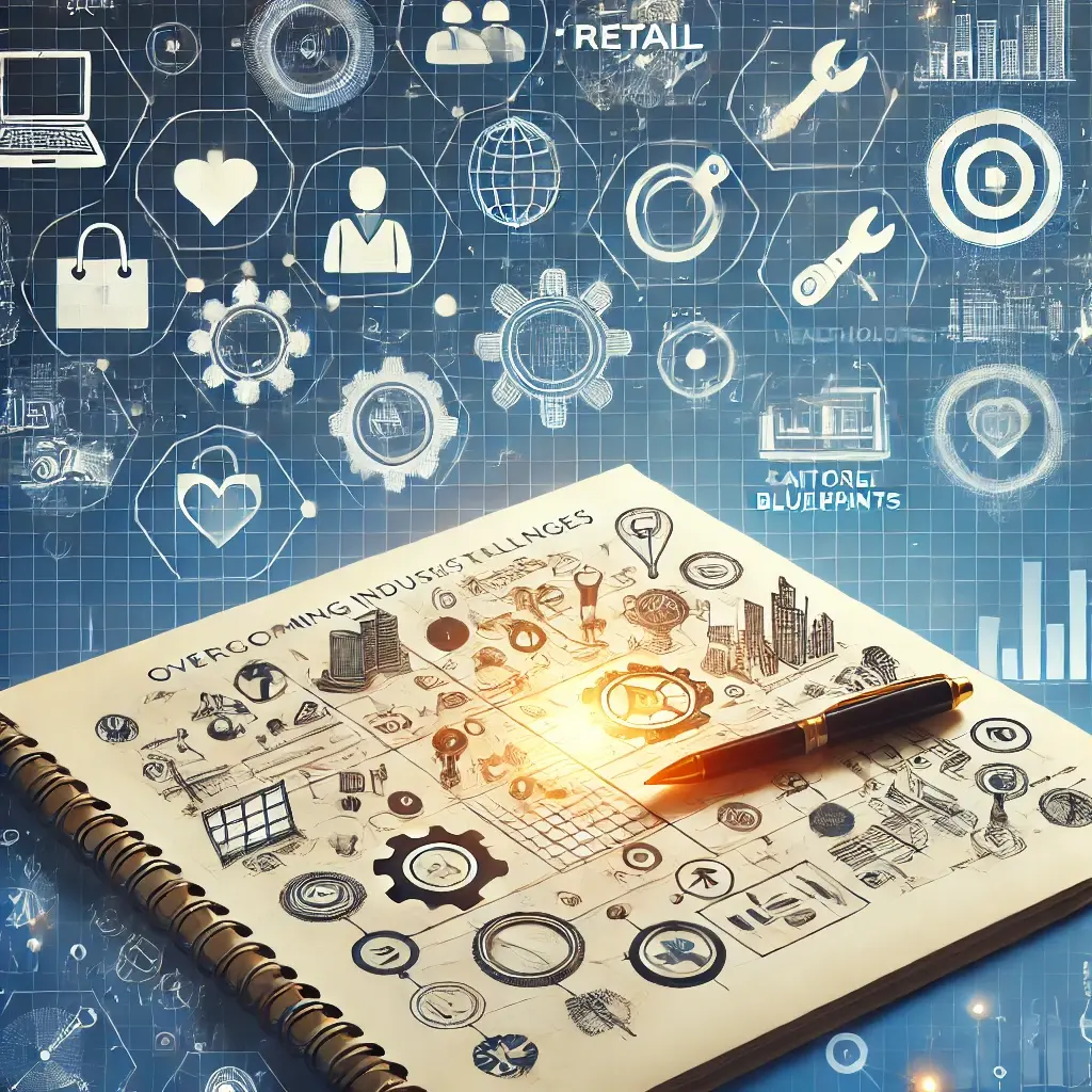 A graphic featuring industry icons like retail, healthcare, and technology overlaying a detailed blueprint with actionable paths highlighted. The clean grid background in blue and white emphasizes precision and tailored business solutions.