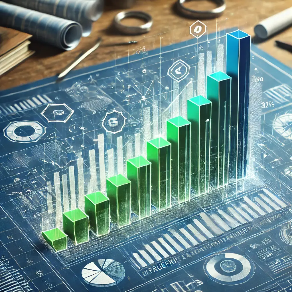 A sleek graphic featuring a rising bar graph symbolizing growth and productivity, set against a blueprint background. The bars are color-coded in green and blue, representing progress and strategic planning with a clean, modern aesthetic.