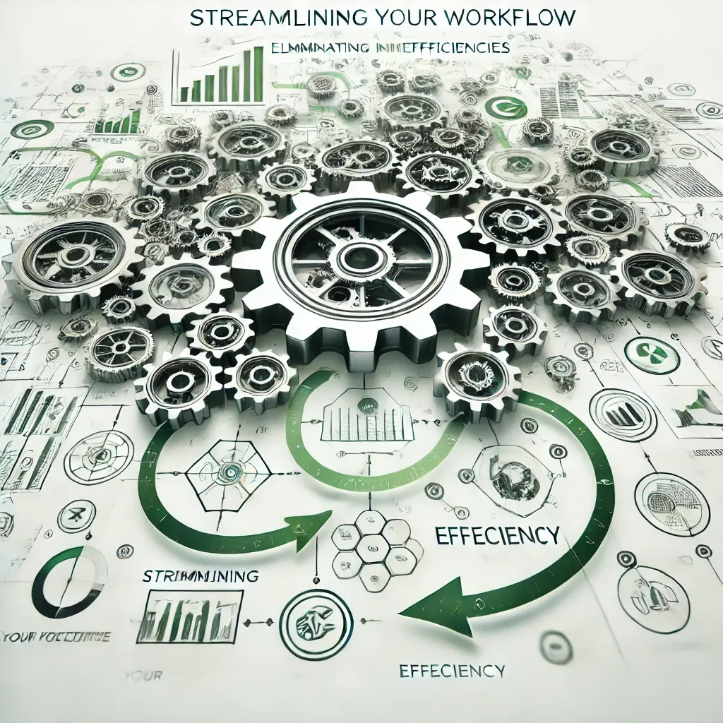 A graphic showing interconnected gears rotating in harmony, overlaid with a workflow chart featuring arrows pointing to efficiency. The design uses green and white tones to convey streamlined operations and productivity.