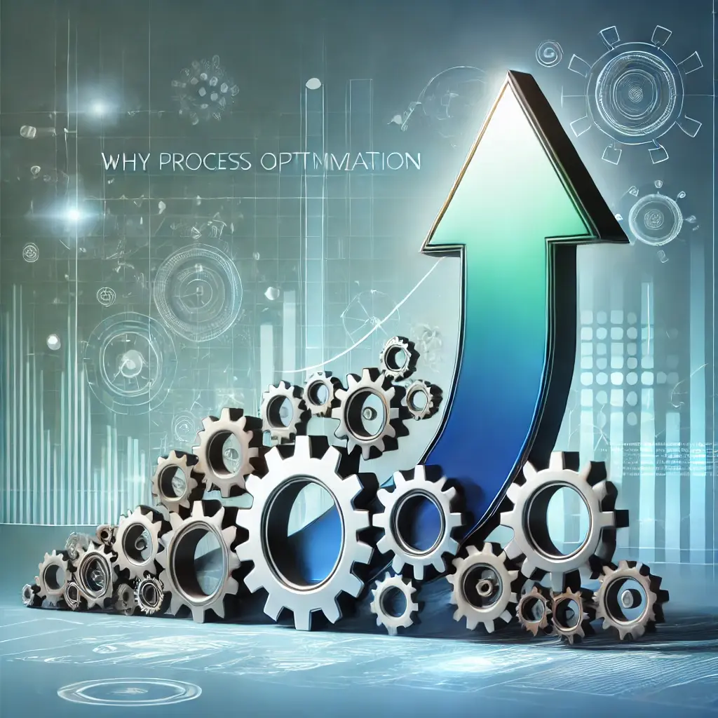 A graphic featuring a stylized arrow curving upward through optimized gears, symbolizing business growth. The background incorporates abstract technology elements in a gradient of blue and green, emphasizing innovation and process optimization.