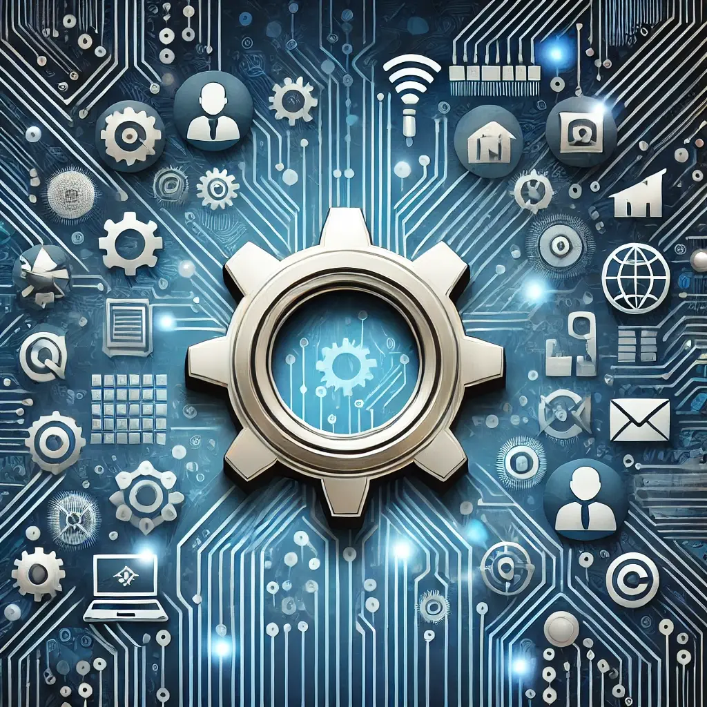 A graphic showcasing icons of technology tools encircling a central gear, set against a digital circuit board background in blue and silver tones, emphasizing innovation and business optimization.