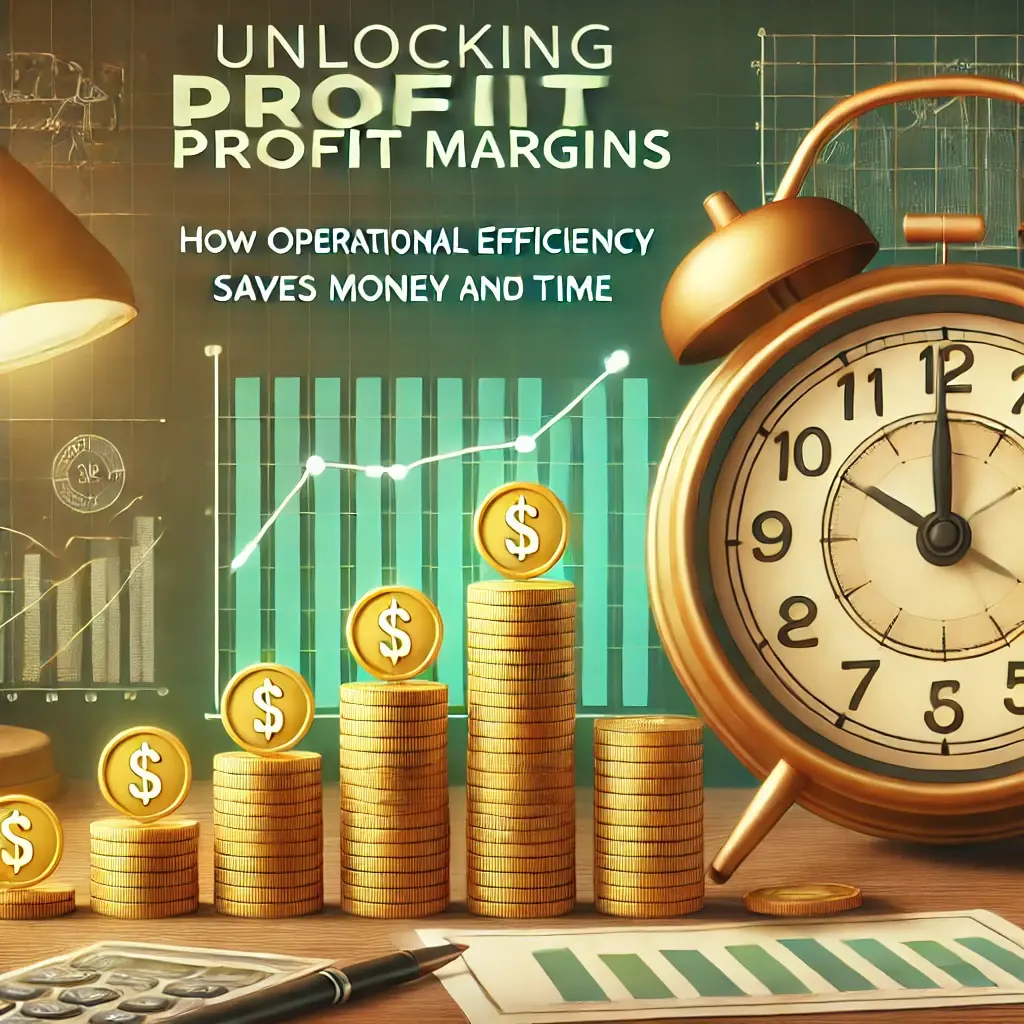 A graphic showing a growing stack of coins alongside a clock, symbolizing cost savings and time efficiency. The background includes subtle charts and graphs in green and gold tones, highlighting profitability through operational efficiency.