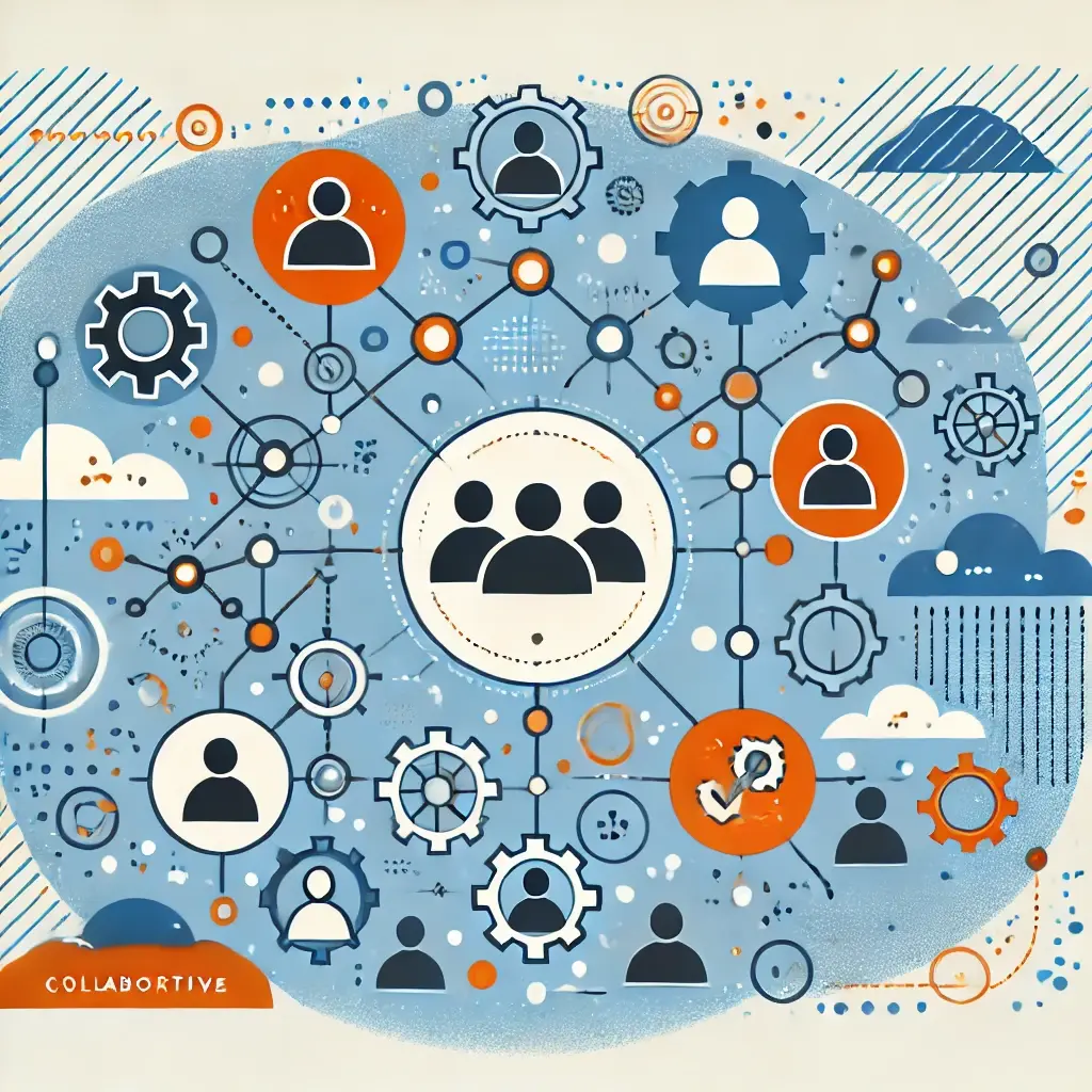 A graphic depicting a team collaborating around interconnected nodes, symbolizing unity and teamwork. The background features abstract lines linking points, in blue and orange tones to emphasize connection and productivity.