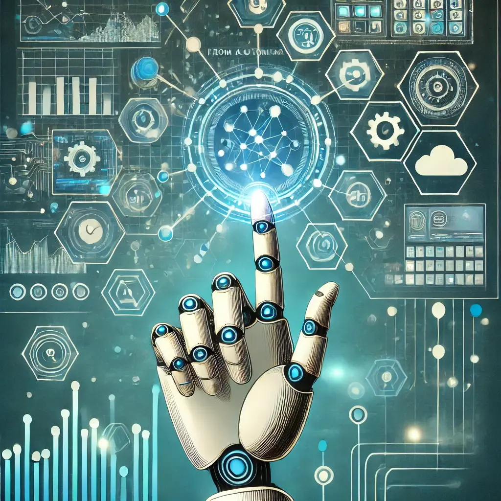 A graphic showcasing a robotic hand interacting with a digital interface of interconnected systems. The background features abstract data flow patterns in teal and blue, symbolizing automation and streamlined efficiency.
