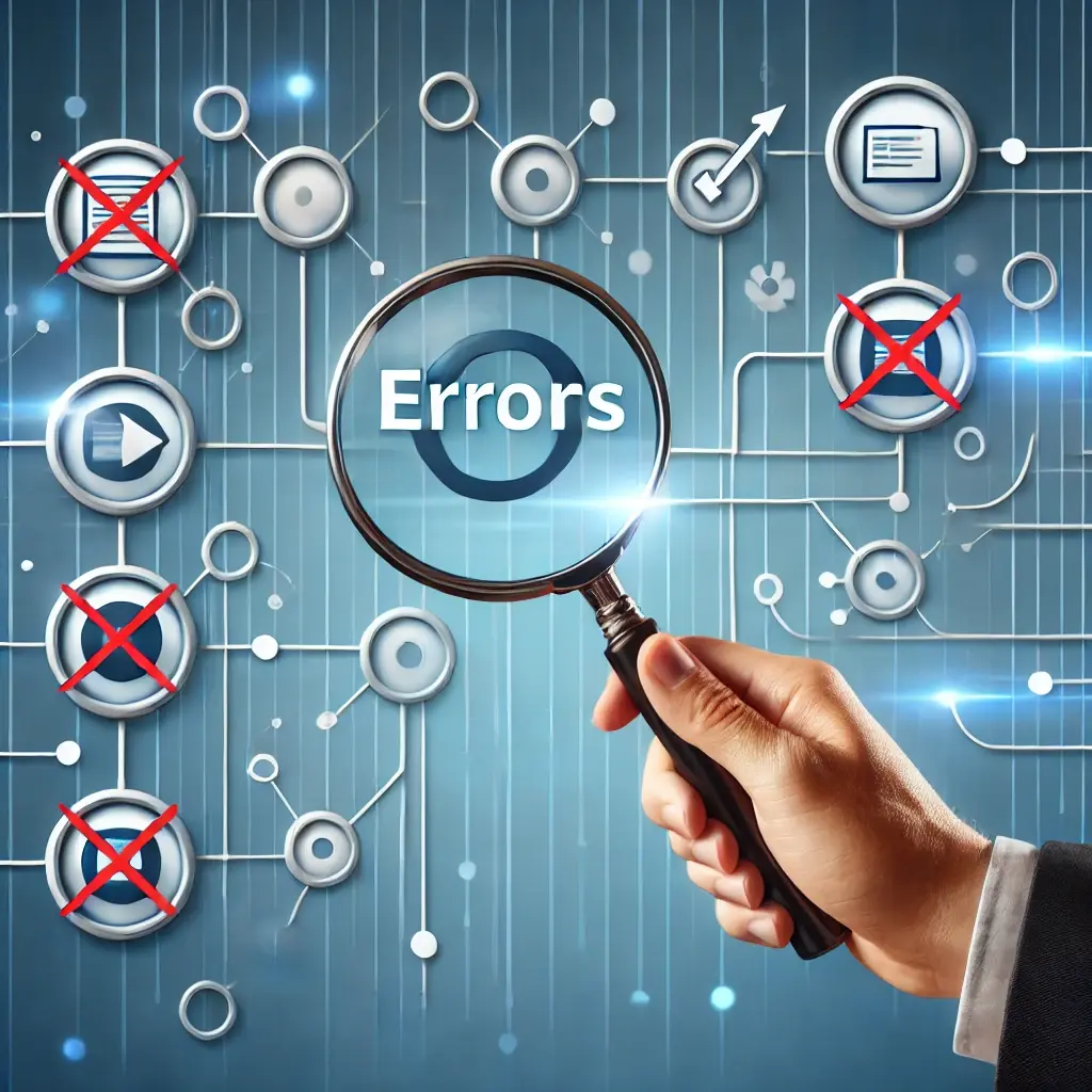 A graphic featuring a magnifying glass inspecting a seamless workflow chart with error icons being crossed out. The background includes interconnected nodes in a blue and white gradient, symbolizing precision and efficiency.