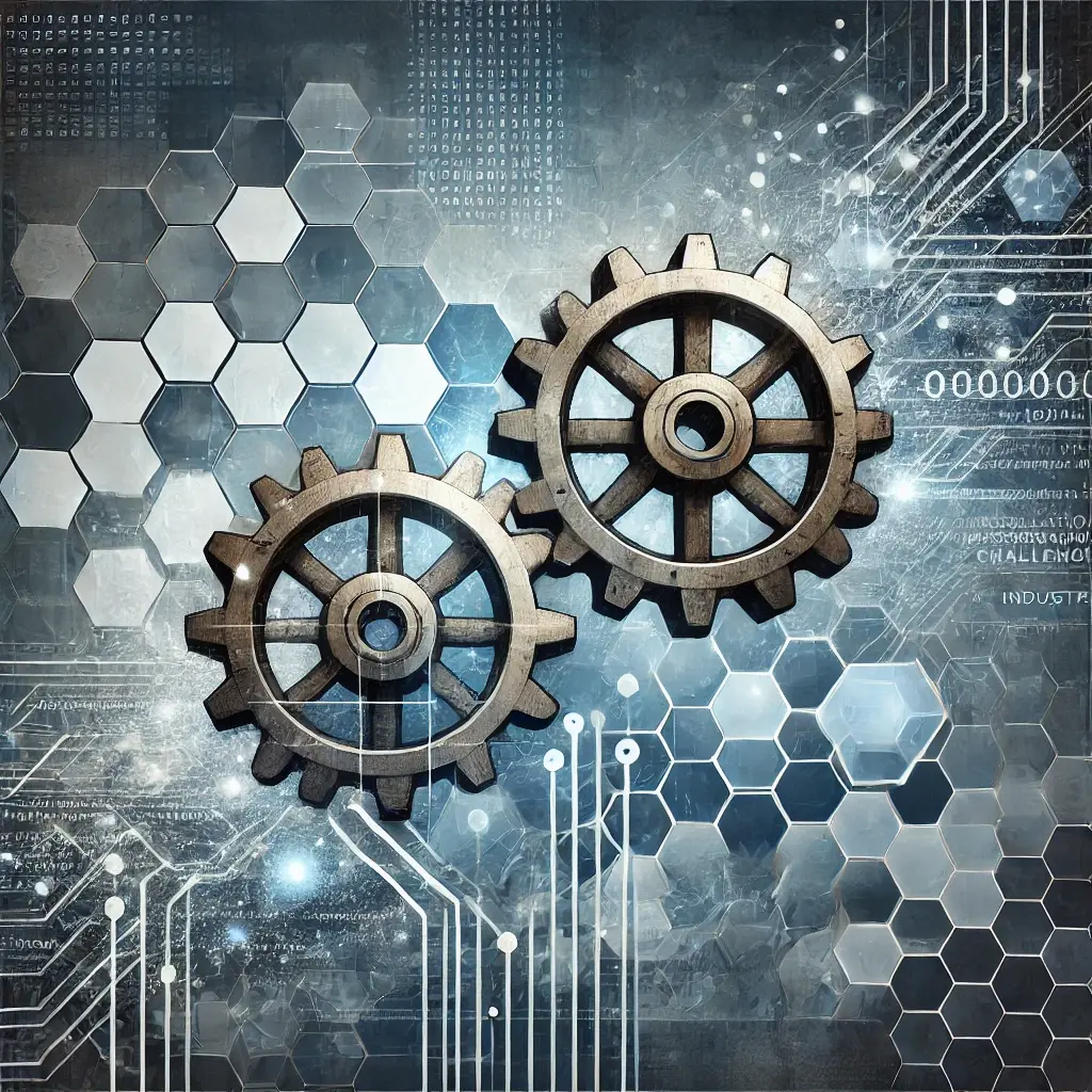 A graphic featuring interlocked gears with digital code flowing between them, set against a backdrop of abstract hexagonal patterns in metallic blue and gray, symbolizing innovative solutions for tech-heavy industries.
