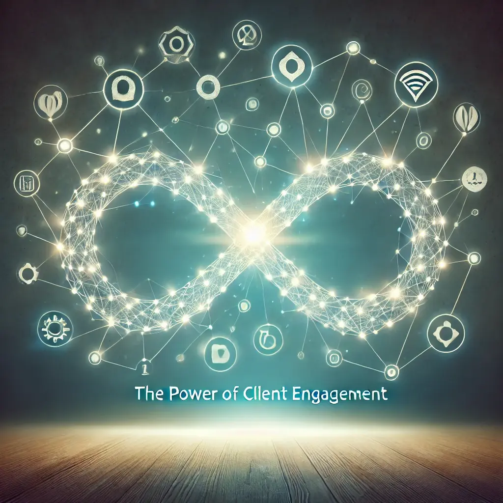 A graphic featuring a glowing infinity symbol made of interconnected lines and nodes, symbolizing lasting relationships. The background has gradient colors of teal and silver, representing continuity and trust in client engagement.