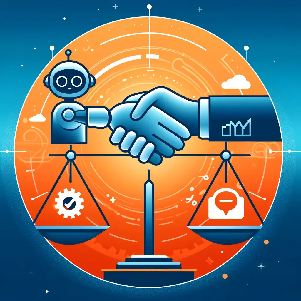A graphic featuring a chatbot icon interacting with a human handshake, symbolizing the balance between automation and personalization. The background includes gradients of orange and blue, representing harmony and modernity in communication.