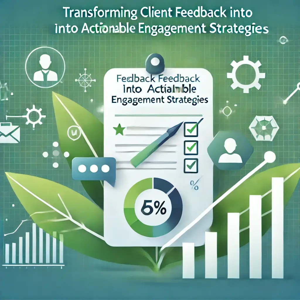 A graphic showing a feedback form transforming into progress bars and charts, symbolizing the conversion of client feedback into data-driven engagement strategies. The background uses shades of green and white to emphasize growth and actionable insights.