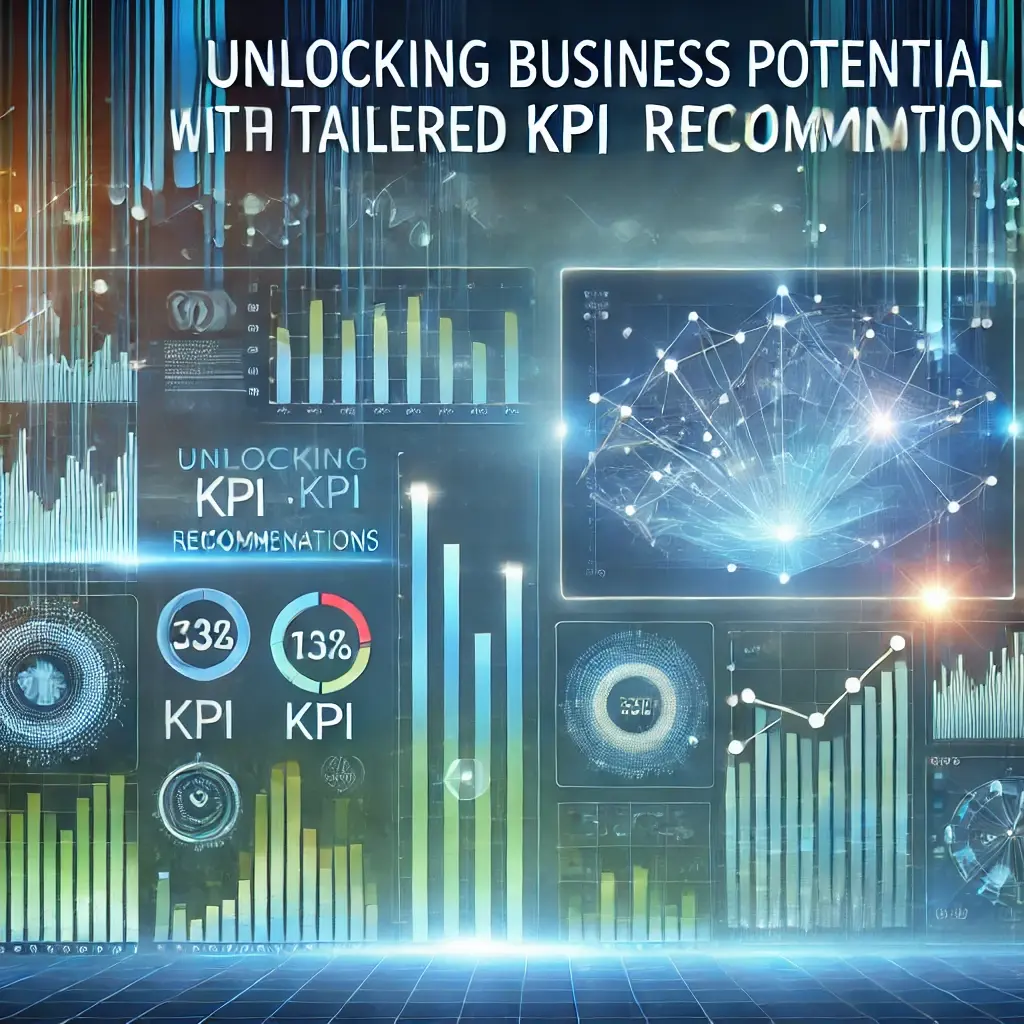 A graphic displaying a dynamic dashboard with KPI charts, graphs, and performance metrics. The background includes abstract data patterns in shades of blue and green, symbolizing precision and business growth.