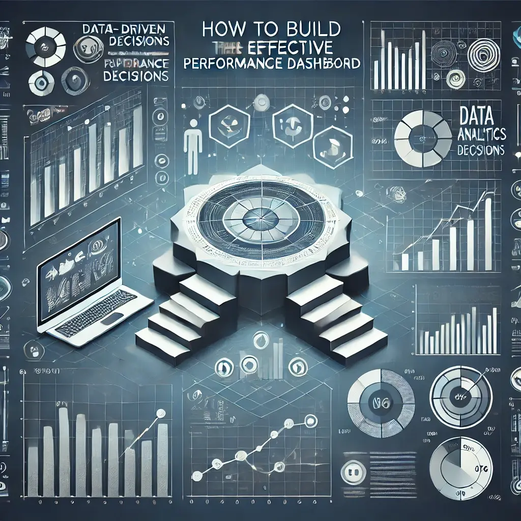 A graphic showing a step-by-step process leading to a well-structured performance dashboard. The background features data analytics symbols in shades of gray and blue, emphasizing clarity and decision-making.