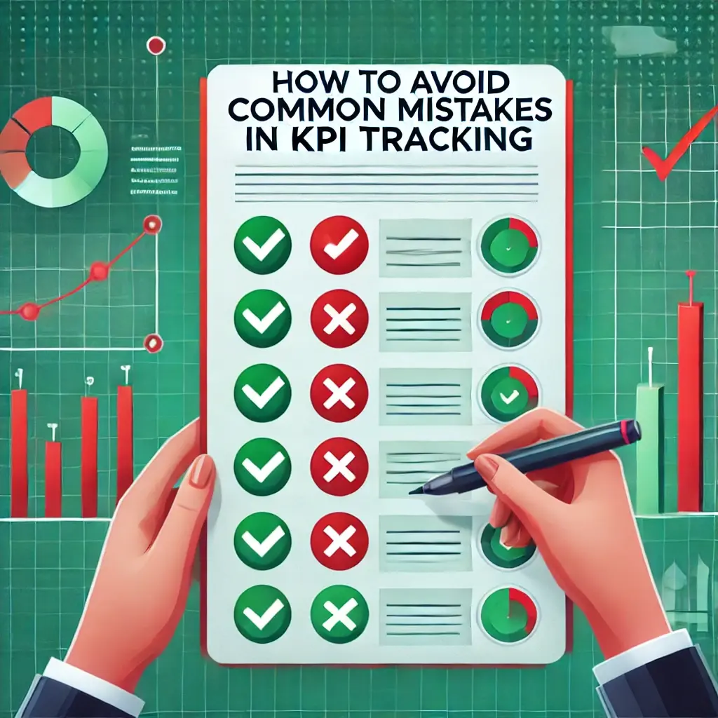 A graphic showing a checklist with green checkmarks and red crosses, highlighting correct and incorrect KPI tracking practices. The background features graphs and data icons in shades of red and green, emphasizing accuracy and improvement.