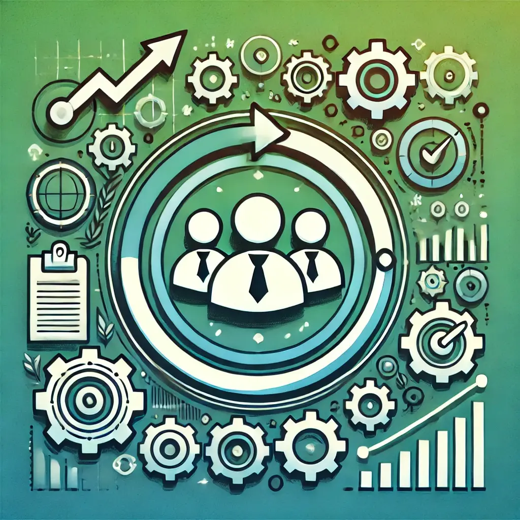 A graphic featuring a team icon with progress bars and gears, symbolizing productivity and improvement. The background includes a gradient of green and blue, representing growth and efficiency.