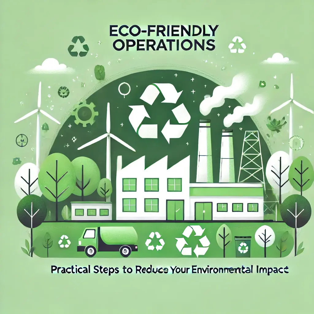 A graphic featuring a factory emitting green energy instead of smoke, surrounded by trees and recycling symbols. The background includes shades of green and white, symbolizing sustainability and environmental care, with no text included.